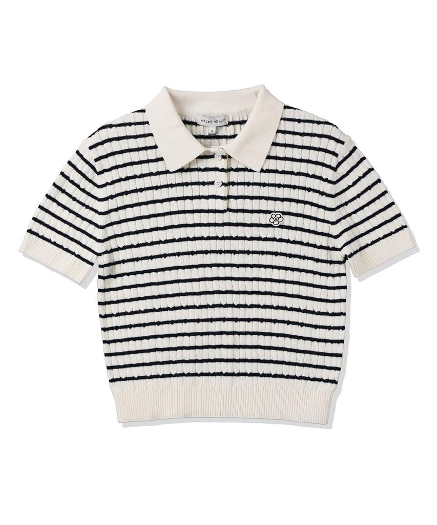 WACKY WILLY Women'S Lily Wappen Cable Collar Short Sleeve Knit Navy