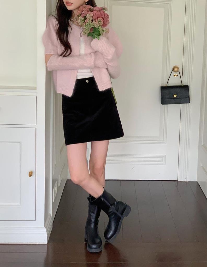 Korean Fashion Knit Sweater with Long Sleeves and Arm Set of Cardigan and Short Sleeve Korean Short [KOREARU] Women's Covers, Bolero, Knitwear,