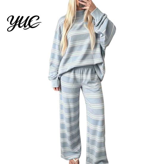 Comfy Sleepwear Sets 2Pcs/Set Women Casual Tracksuit, Mock Neck Long Sleeve Tops, Wide Hoodie Track Pants Leg Sweatpants, Striped Print Outfit