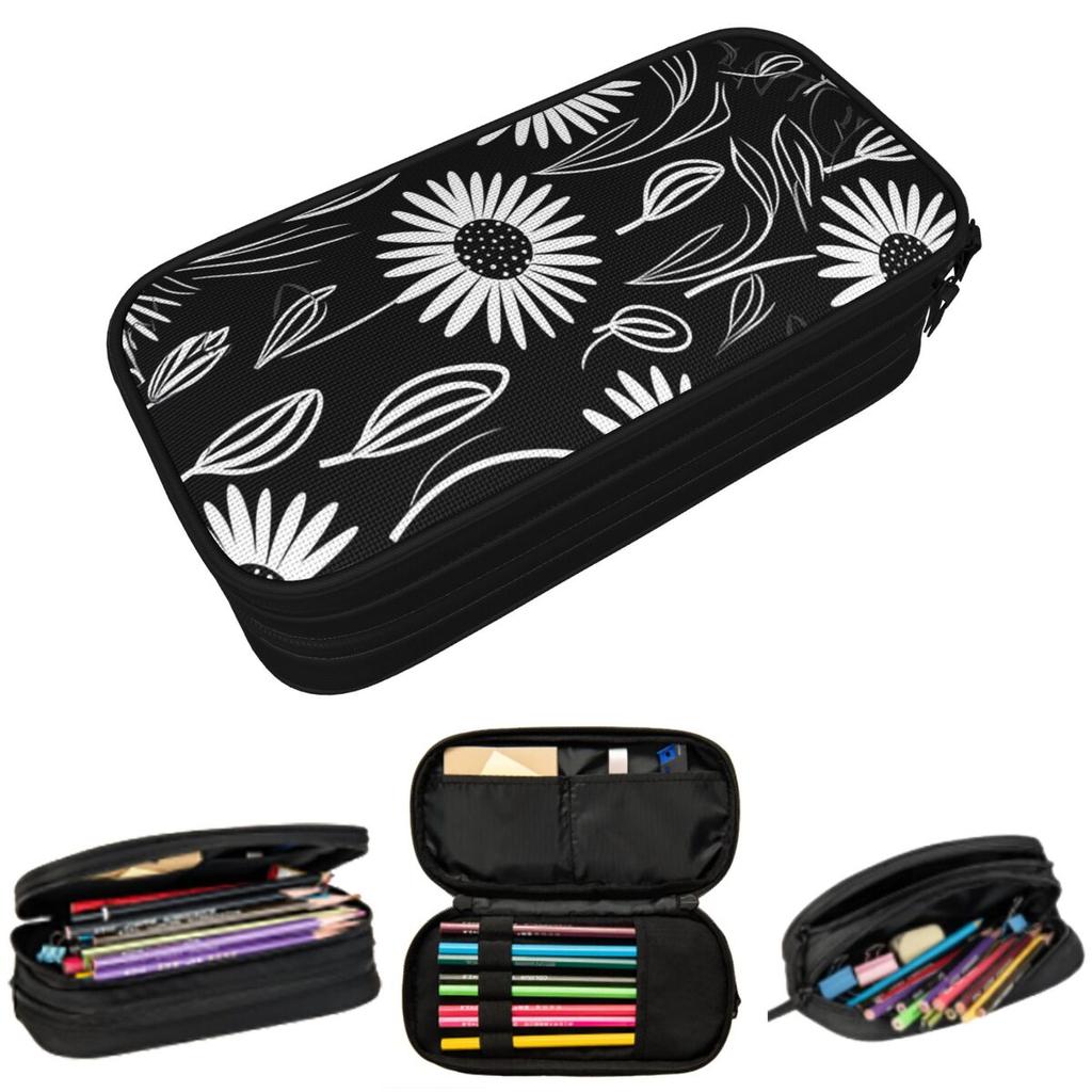Cartoon White Daisy And Black Leaves Pattern Pencil Case for Boys Girls Pen Box Pencil Bag Stationery Supplies Pen Holder Bag