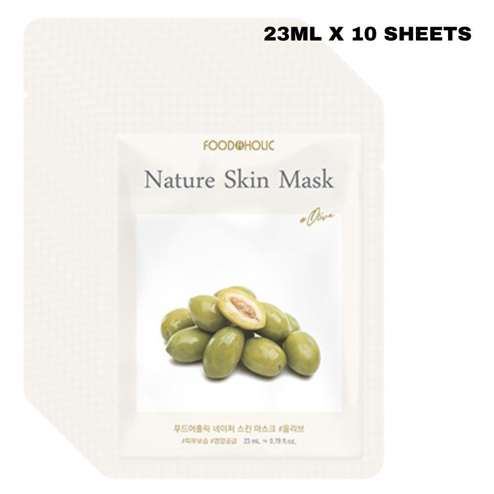 FoodaHolic Nature Skin Mask Olive 23ml X 10 Sheets - Deeply Nourishing & Moisturizing Facial Sheet Mask Pack for Soft and Supple Skin(10 Sheets)