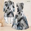 Women Plus Size Two Piece Set Sleeveless Crew Neck Tie Waist Flared Dress Long Sleeve Open Cardigan Geometric Printed Black Gold Gray