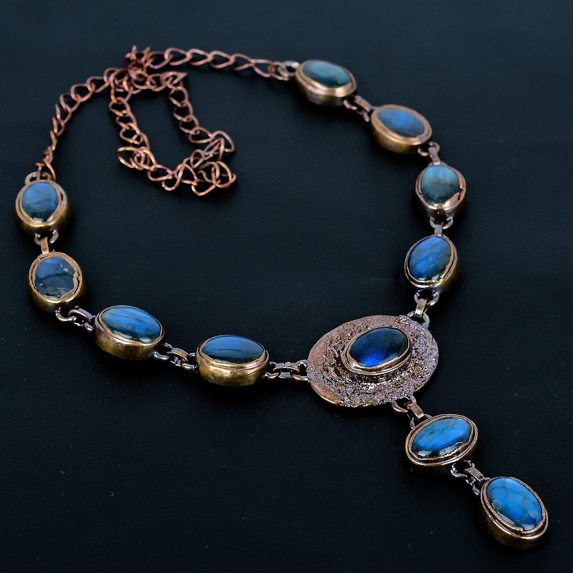 

Labradorite Copper Electroformed Necklace with Adjustable Chain, Handmade Gemstone Jewelry Necklace For Memorial Day