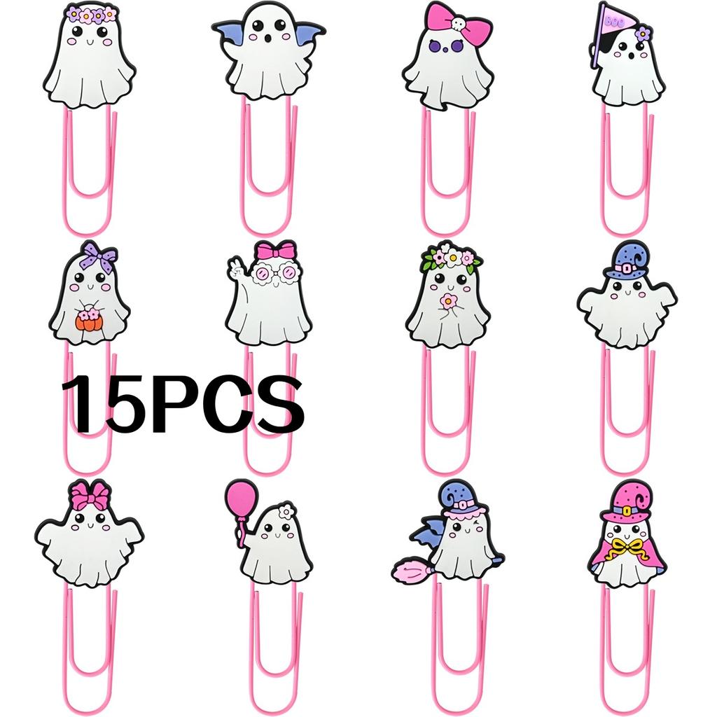 15Pcs Random Pattern Halloween Cartoon Bookmarks DIY Student Stationery Pink Storage Paper Clips Little Ghost Paper Clips Cute Halloween Gift