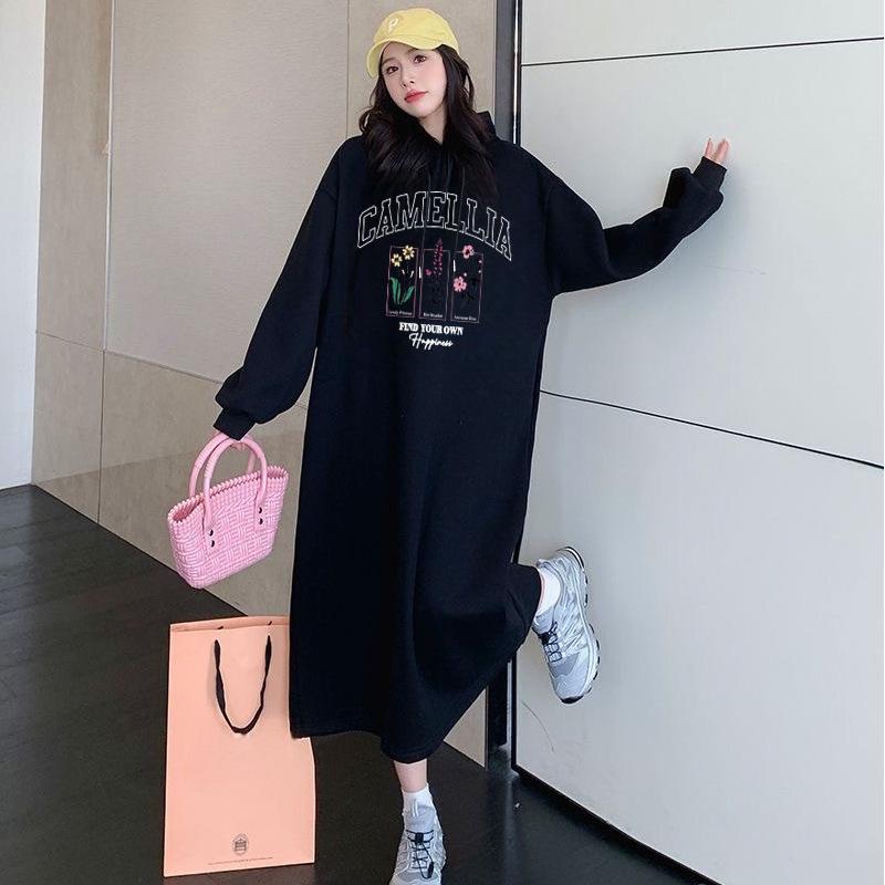 Plus Size Women's Patchwork Skirt 2025 Korean Slimming Long Sleeve Hoodie Dress