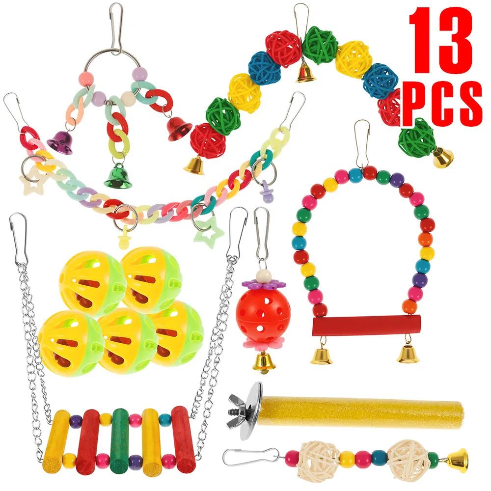 13Pcs Parrot Toy Set Wooden Assorted Style Combination Bird Toys Swing Chewing Training Toys Pet Supplies Bird Cage Accessories