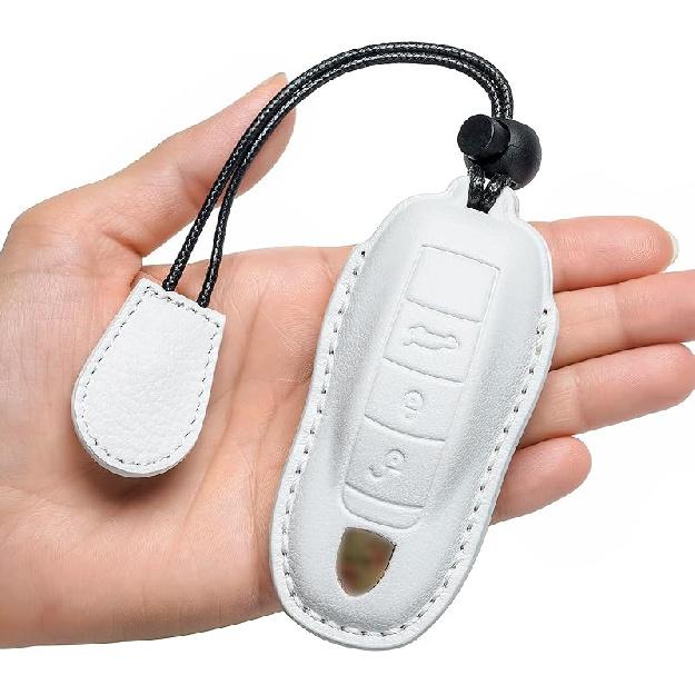 for Porsche Key Fob Cover Genuine Leather with Keychain,Leather Key Case Protector Compatible with Porsche Panamera,911,Cayenne,Macan Model-b(white)