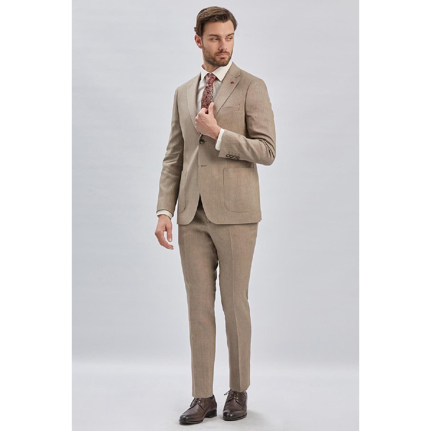 

Бежевый льняной смесовый костюм добби с моно воротником, 6 капель, приталенный повседневный костюм Slim Fit 1001240169 54