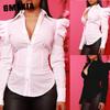 Moda feminina casual cor sólida estampa manga comprida blusas e camisas com decote em V