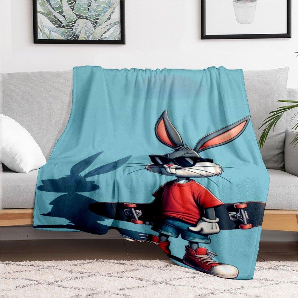 "Skateboarding Bugs Bunny Wall Art Print"Blanket Flannel Throw Blanket for Sofa, Bed, Travel, Camping, Office