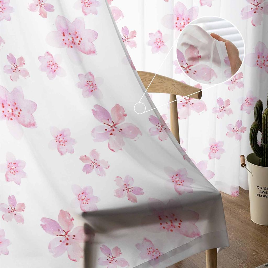 Pink Watercolor Cherry Blossom Sheer Curtains for Living Room Decoration Window Curtains Kitchen Tulle Voile Organza Curtains