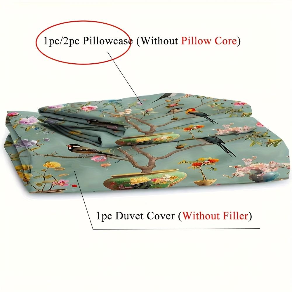 2/3Pcs Flower And Bird Pattern Duvet Cover Set 1 Duvet Cover+1/2 Pillowcase Without Core Vintage Flower And Bird Bonsai Print