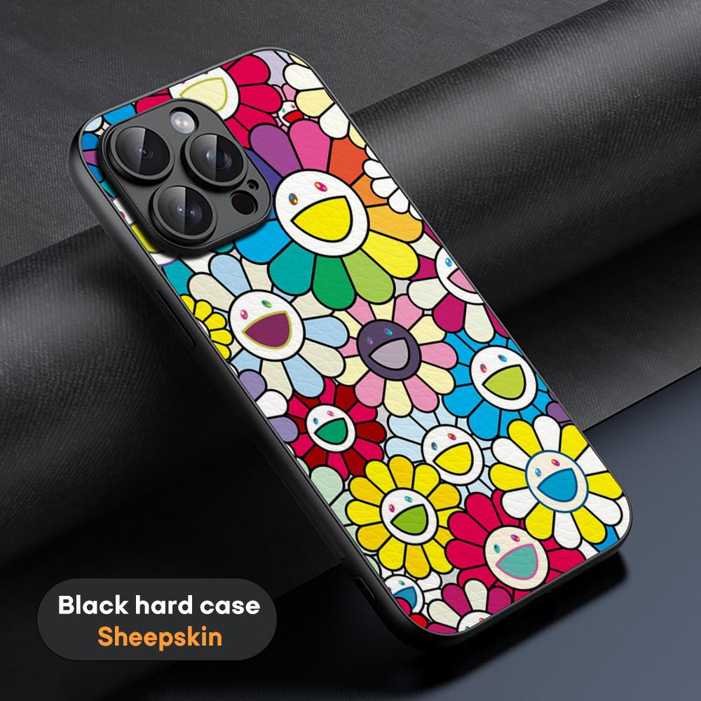Sunflower Japan Painting M-Murakami Art Phone Case For iPhone 16 15 14 13 12 11 Plus Pro Max Limited Black Hard Case Sheepskin