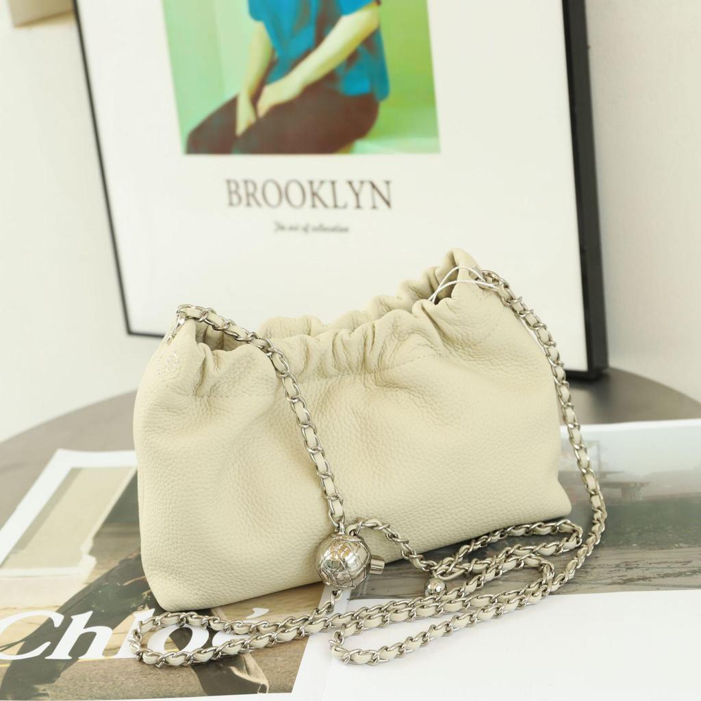 Women's Genuine Leather Cloud Pleated Shoulder Bag with Golden Ball Detail