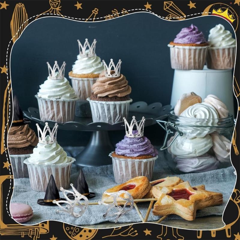 Pack of 24 Plastic Witch Hat and Crowns Cake Toppers for Birthday Party Halloween Decorations Cupcakes Accessories