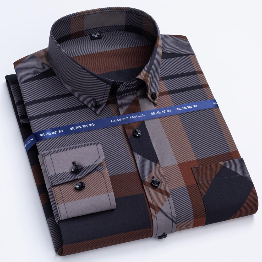 Men's Business Casual Hot Stamping Striped Print Dress Shirt, Slightly Stretch Unique Buttoned Collar Long Sleeve Pocket Shirts
