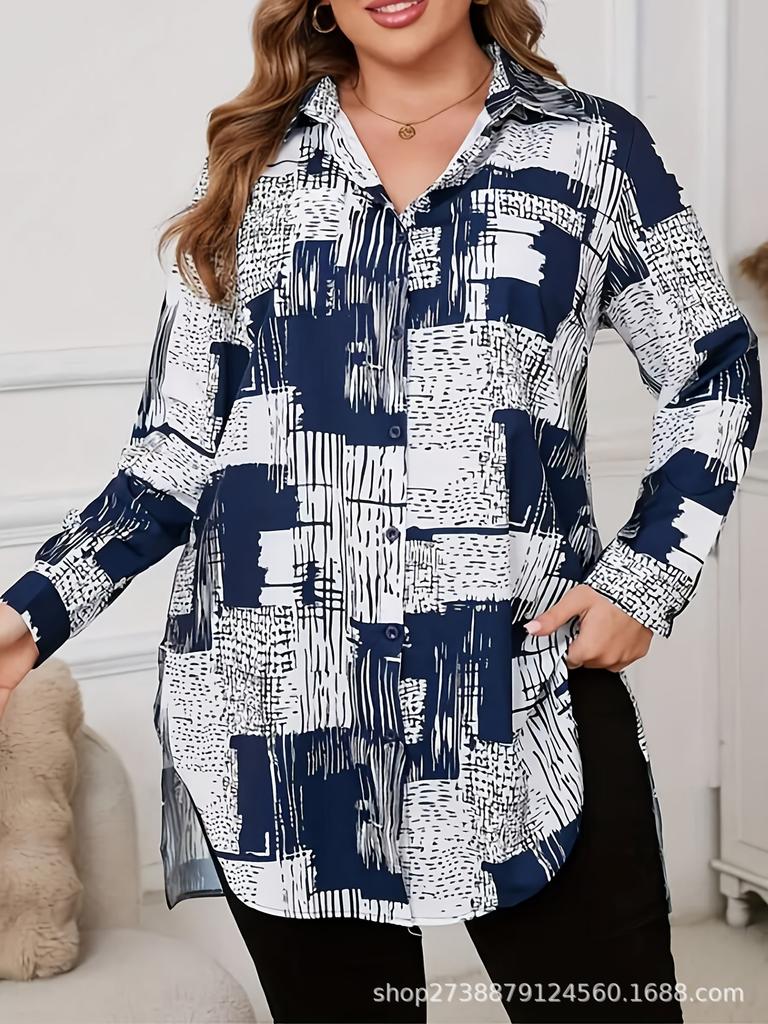 European & American Plus Size Women's Irregular Print Long Sleeve Shirt - 2026 Spring/Summer Fashion Collection