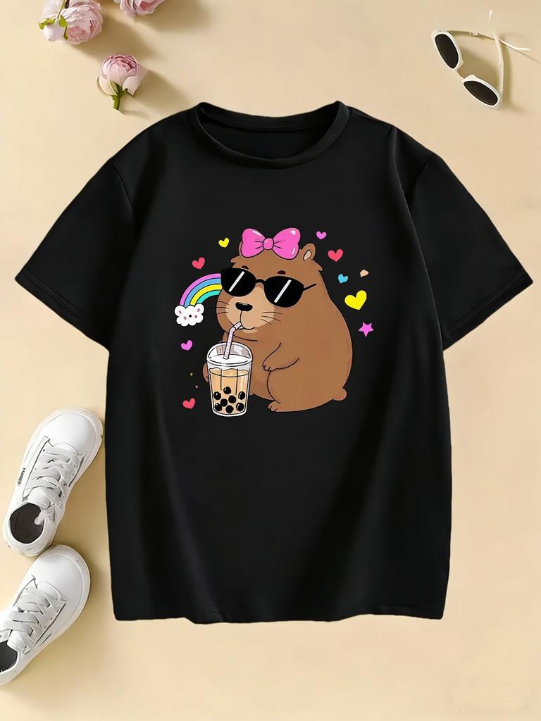 Girls Stylish Hoodie with Capybara Printed T Shirts Kids Childrens Tshirt Boys Girls Summer Spring Casual Top Tee