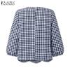 ZANZEA Women Retro Plaid Print Casual 3/4 Sleeve Blouse