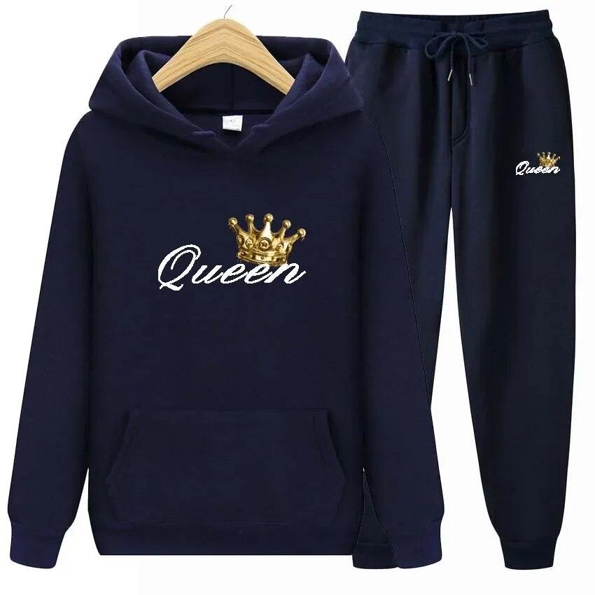 Queen Printing Autumn Winter Hoodies+Pants Two Piece Set  Womens Hoodies Tracksuits Jogger Pants thick Warm Clothes