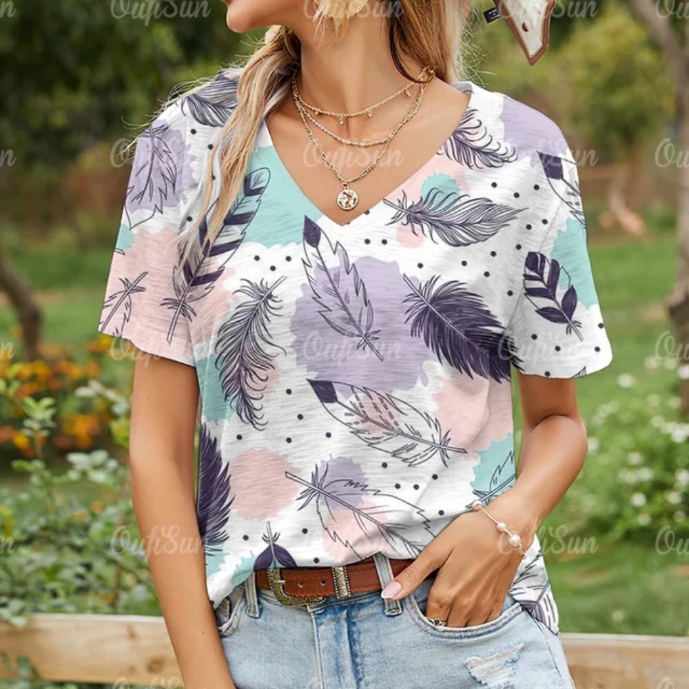 Women's T-shirt Summer V-neck Short-sleeved Top Fashion Feather Pattern 3d Printing Casual Daily Women's Clothing