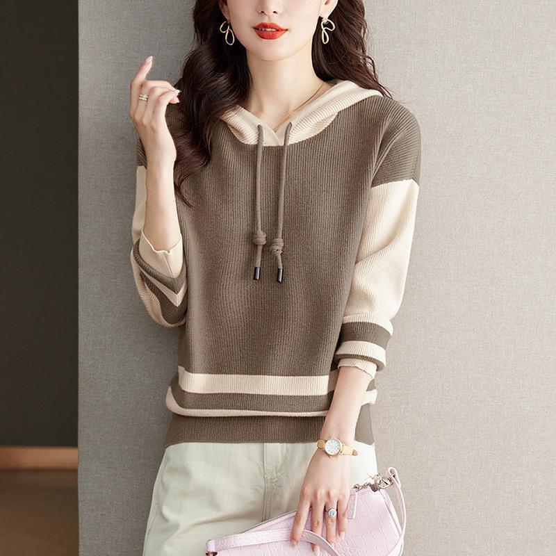Hooded sweater women's loose knitted hoodie autumn new spring and autumn women's clothing high-end color matching top long sleeve