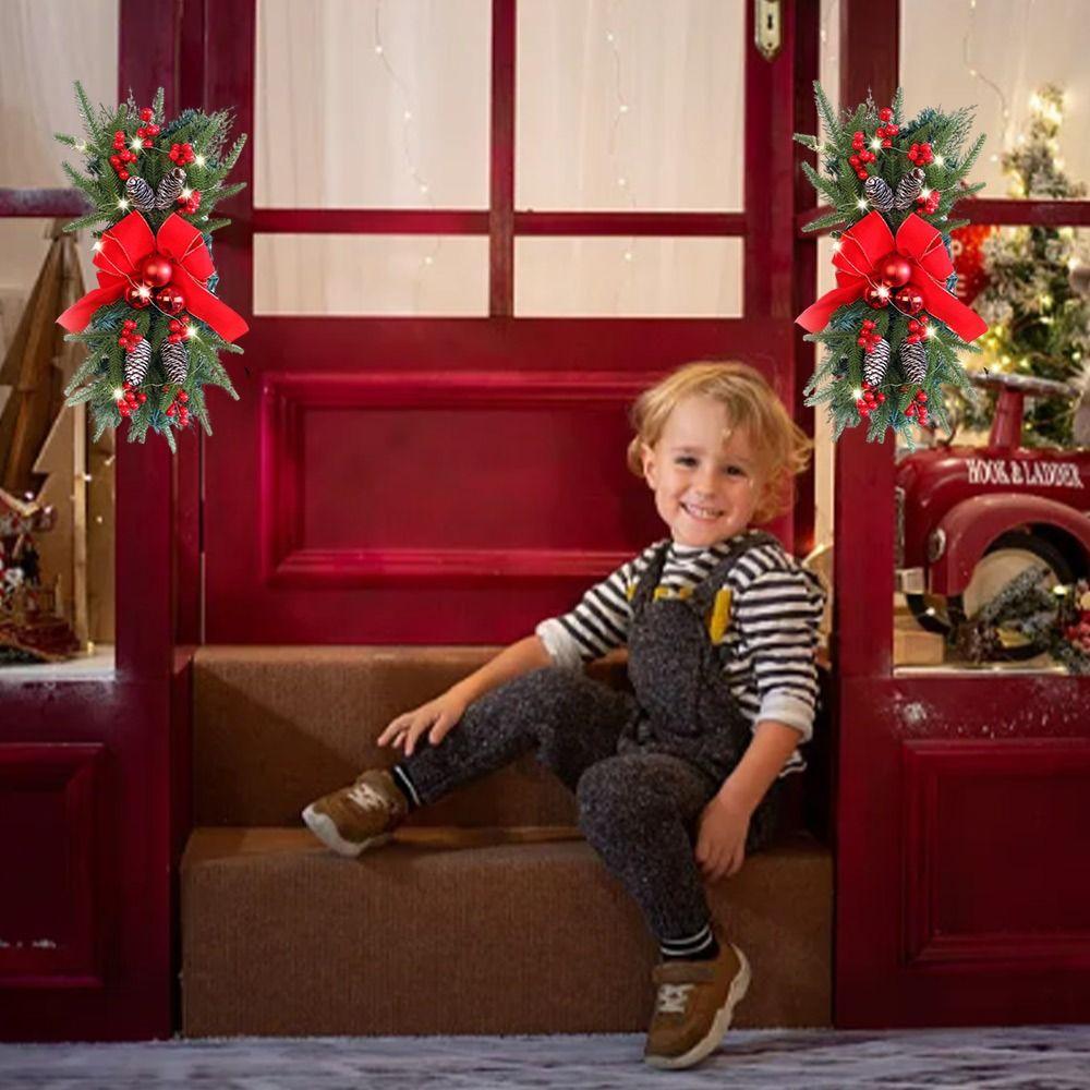 Red Bow Christmas Wreath Pine Cone Artificial Rattan Staircase Arrangement PE Leaf Simulation Plant Rattan Decoration