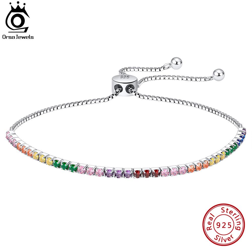 ORSA JEWELS Adjustable 925 Sterling Silver 2mm Multi-Color Tennis Bracelet for Women Zirconia Chain Bracelet Jewelry SB150