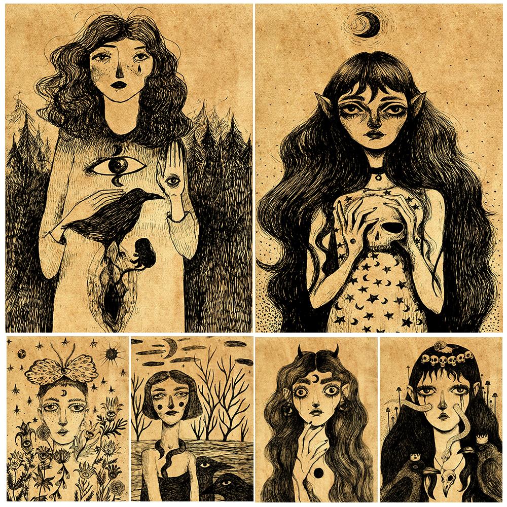 

Современная Таинственная Ведьма Карандашная Живопись Художественный Плакат и Печать Лунная Ведьма Готическая Девушка Настенная Живопись Ретро Холст Картина