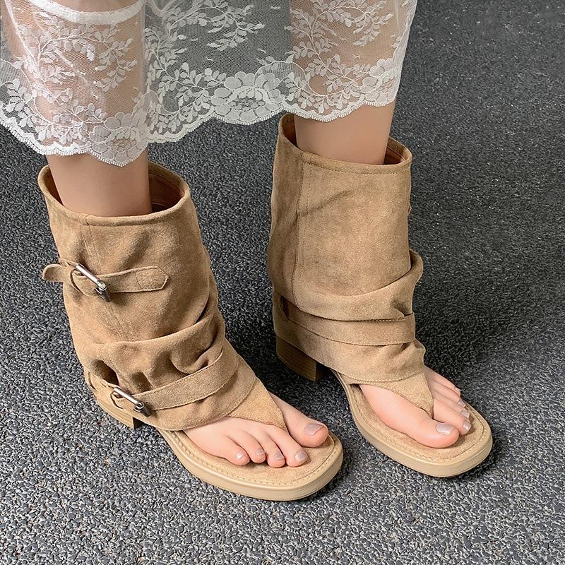 Spot~ Open-toed flip-flops summer cool boots square head flat bottom inner heightening pile boots western cowboy boots