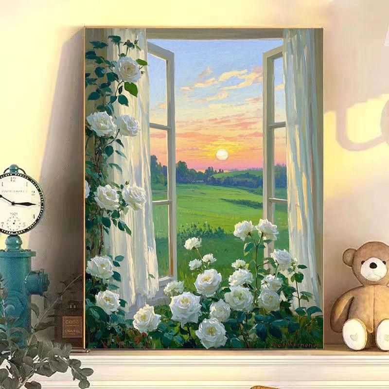 Diy Digital Oil Painting Windowsill Flower Series Hand-Filled Coloring Oil Painting Decompression Healing Decorative Hanging Painting