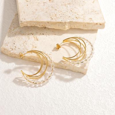 18k Gold Stainless Steel Geometric C-Shaped Beaded Earrings for Women - Elegant Fashion Jewelry