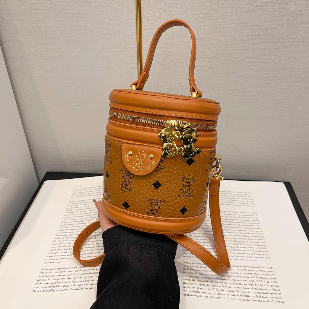 Women’s Fashion Cute Bucket Handbag PU Material Large Capacity Bear Print Double Zipper for Daily Use Commute Casual