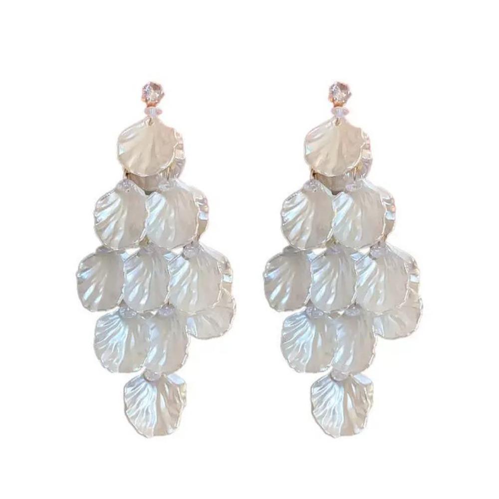 Retro Temperament Shiny Zircon White Petals Long Tassels Dangle Earrings for Women Cute Romantic False Piercing Ear Clip Jewelry