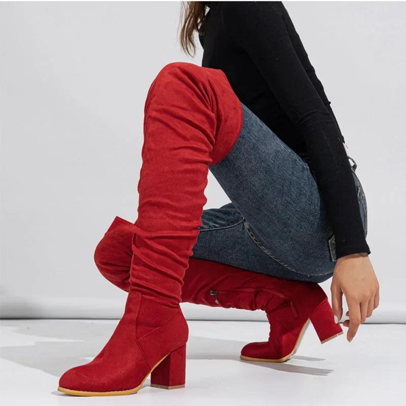 Knee over Boots  Soft Face Natural Wrinkle Coarse Heel Outdoor Street Platform Women's Boots Size 35-42