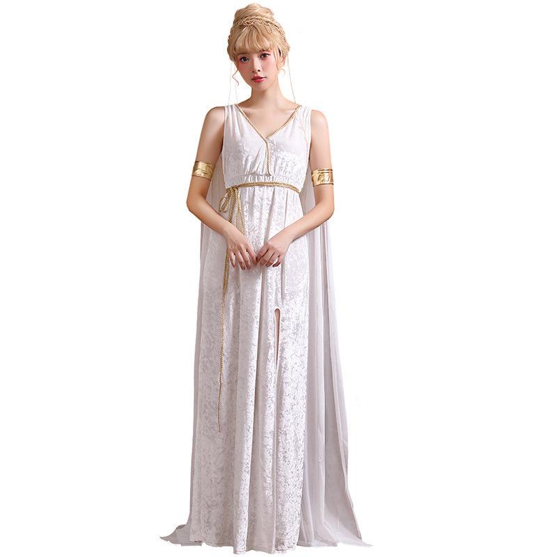 Greek Goddess Halloween Costume Deep V Neck Sexy Split Dress Cosplay Outfit XS белый
