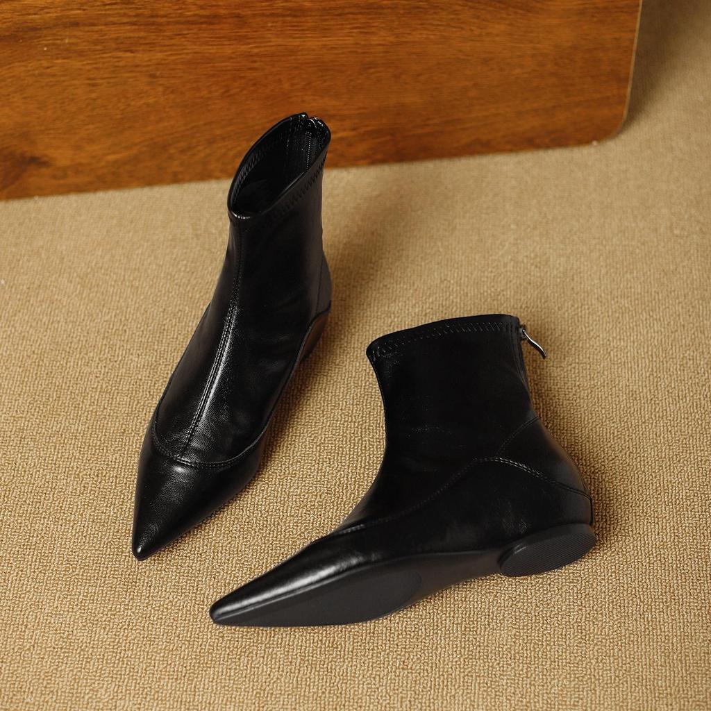 French Stretch Slimming Boots: Autumn/Winter Fleece-lined, Retro Style, Soft Leather, Inner Height Increase, Back Zipper Short Boots