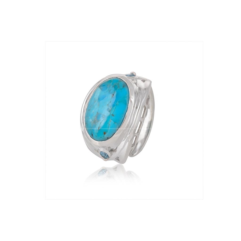 Sterling Silver Turquoise Ring - Oval Blue Gemstone Ring with Geometric Cut-Out Band and Blue Topaz Accent - Southwestern Statement Jewelry