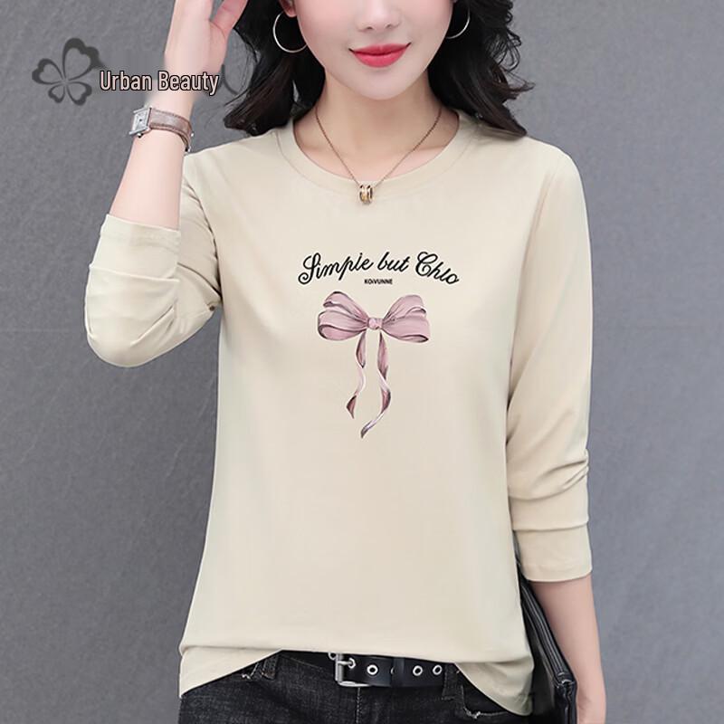 Women's Casual Bow-Print Long-Sleeve Crew Neck Cotton Blend T-Shirt
