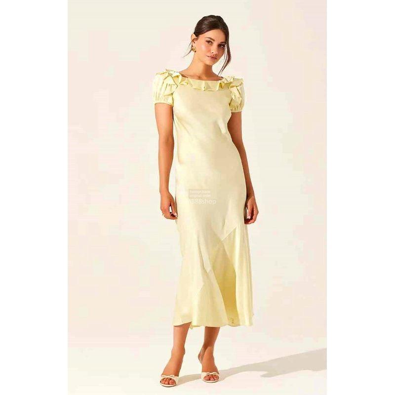 

Оригинальный заказ внешней торговли A, платье с коротким рукавом из сладкого атласа, приталенное, в западном стиле, с кружевом, для свиданий, шопинга, с темпераментом, длинное Yellow XL