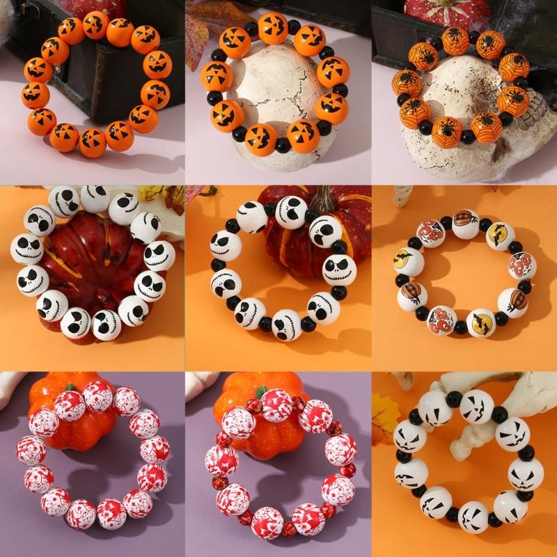 Skull Pumpkin Spiders Bead Bangle Simple Halloween Beaded Bracelet Wristband Adjustable Elastic Bangle Statement Jewelry