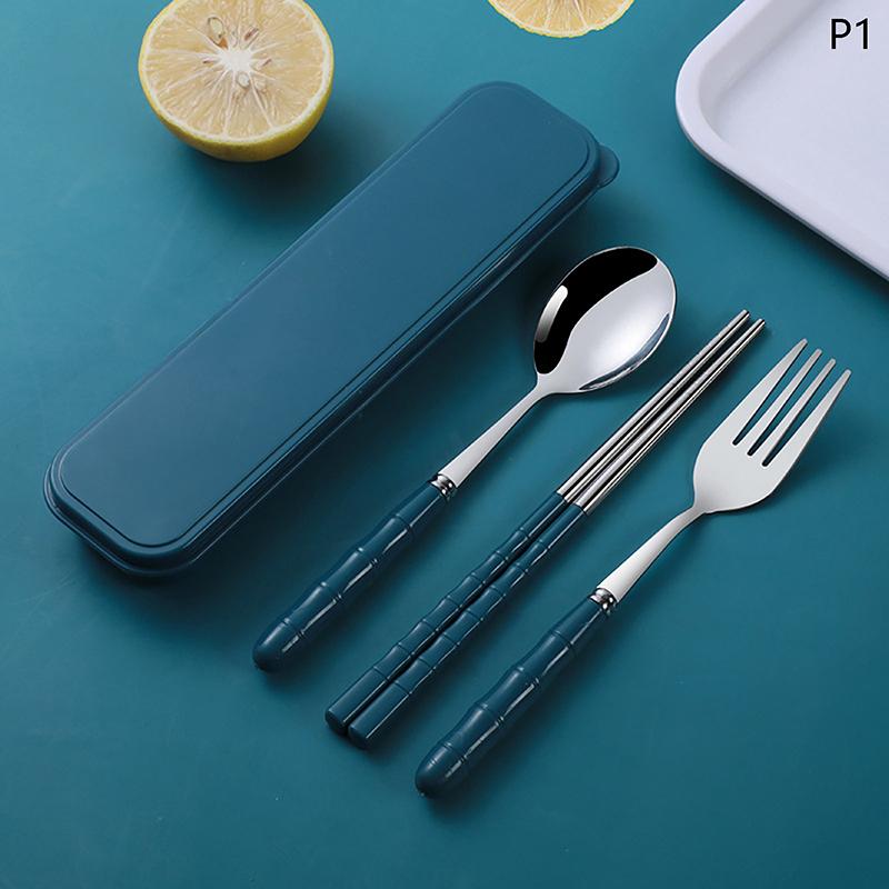 New 3Pcs Chopsticks Spoons Forks Sets Of Stainless Steel Portable Tableware Reusable Travel Picnic Cutlery With Box