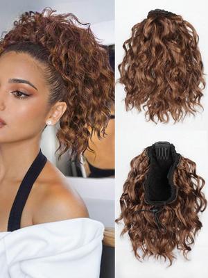Synthetic Wavy Curly Ponytail Extension 10" Brown Drawstring Ponytail For Women Short Soft Natural Synthetic Hairpiece For Daily Use