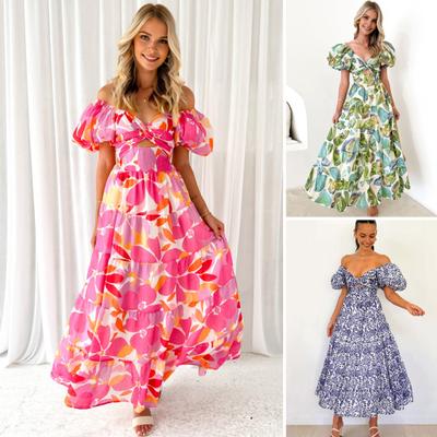 Abendkleid für Damen, Puffärmel, tiefer Ausschnitt, schulterfrei, bunter Aufdruck, A-Linie, großer Saum, Patchwork, ausgehöhlt, plissiert, für Urlaub, Strand, Maxikleid
