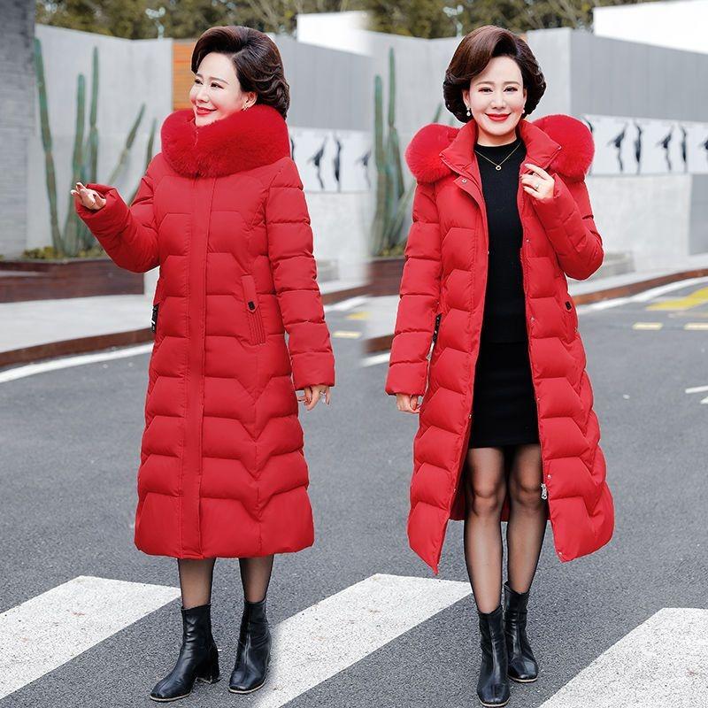 Winter Hooded Slim Down Cotton Jacket Solid Color Fur Collar Thick Parkas Coat Middle-aged Mother Warm Over-The-Knee Overcoat