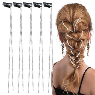 MAYCREATE® 5 Stück Strass-Haarspangenketten Zöpfe Haaraccessoires für Damen Stilvoll 20 Zoll Haarverlängerungen Mädchen Blendende Kristall-Silber-Haarkette