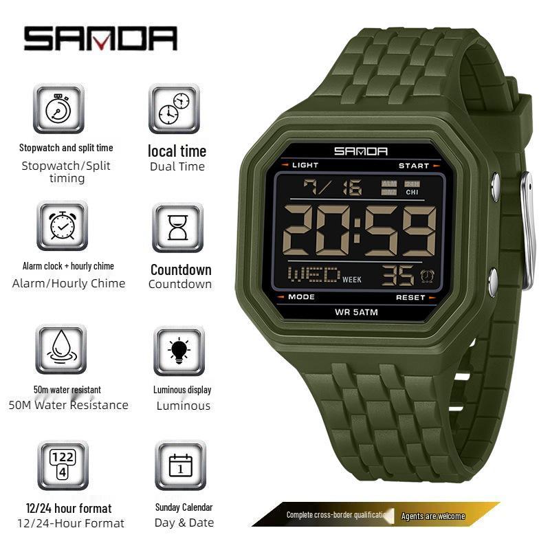 SANDA Unisex Fashion Square Multifunctional Wristwatch – Waterproof, Alarm, Electronic Timer.
