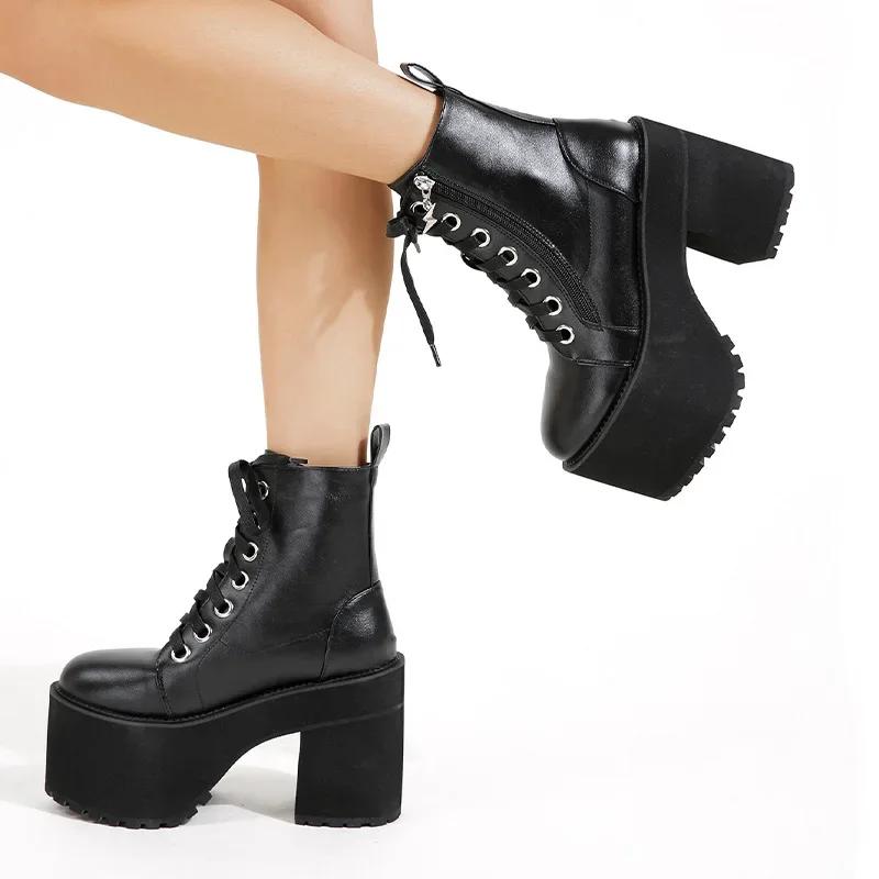 Women'S Winter Short Boots High Heel Round Toe Chunky Heel Waterproof Platform 35-43
