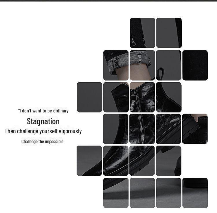 Férfi 2024 Brit Stílusú Fekete Bőr Motoros Csizma - Magasszárú, Vastag Talpú, Légáteresztő, Plusz Bársony.