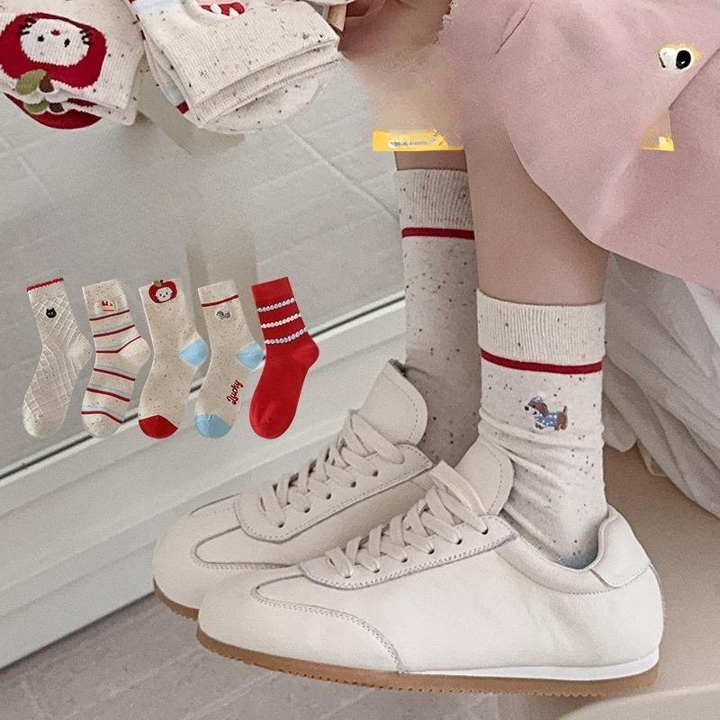Punktgarn-Socken, Mädchen-Cartoon-Baumwollsocken, Wadenlange Socken, Niedliche bestickte geruchshemmende nahtlose lange Strümpfe
